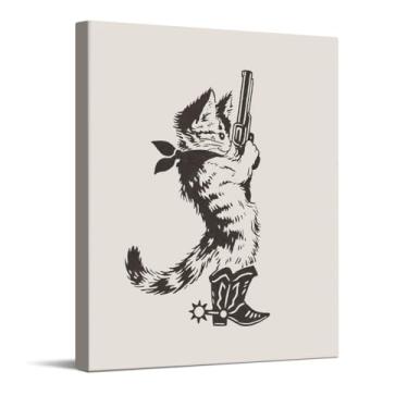 Imagem de CYFDYVT Arte de parede de gato caubói, ilustração de revólver de gato preto e branco, bandana ocidental e botas de caubói, estampa animal de linha vintage, decoração rústica ocidental, tela embrulhada