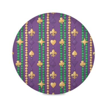 Imagem de Wassud Jogo americano Mardi Gras Fleur-de-lis listras tapetes de mesa redondos para cozinha e jantar tapetes laváveis resistentes ao calor decoração de mesa 39 cm