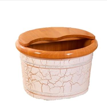 Imagem de Lss9azznmm Pé banheira de madeira para pés bacia de pé banheira de pé casa spa banheira de madeira com cobertura padrão textura balde de sauna de madeira com tampa, grande ()