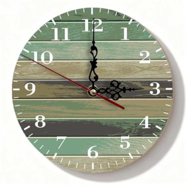Imagem de Relógio de parede silencioso de grão de madeira verde vintage - decoração rústica de casa de fazenda sem tique-taque para sala de estar escritório - relógio de madeira Shiplap - 19 cm