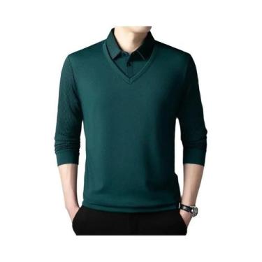 Imagem de Camisa Polo Masculina Casual Elegante De Manga Longa Cor Sólida Versát