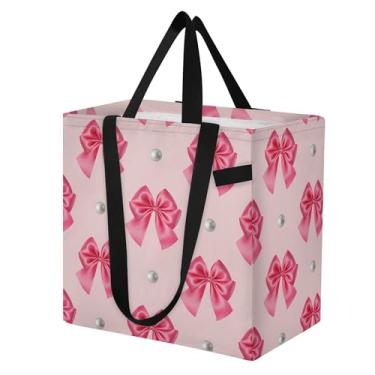 Imagem de SEHANY Sacolas de compras reutilizáveis com laço rosa fofo com alças reforçadas, bolsa de compras de lona dobrável à prova d'água de grande capacidade para viagem, cozinha, praia