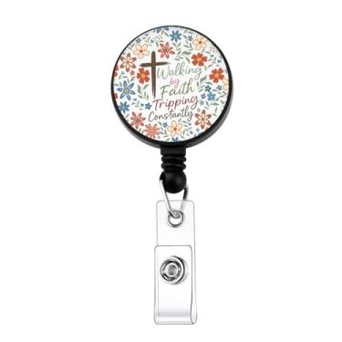 Imagem de ENSIANTH Carretel de crachá com versículo da Bíblia Cristã Walking by Faith Tripping Constantly-Christian Bible Quote Religious Badge Holder (Faith Badge)