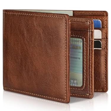 Imagem de Carteira masculina de couro genuíno com bloqueio de RFID, 1 janela para identidade, 13 porta-cartões, 2 bolsos para dinheiro, caixa de presente., Marrom, 11*1.5*9cm, Carteiras