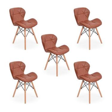 Imagem de Kit 05 Cadeiras Charles Eames Eiffel Slim Wood Estofada - Marrom - Mag