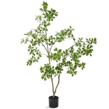Imagem de Jexine Árvore de gardênia artificial de 1,5 m com vaso preto, planta sintética realista para ambientes internos e externos, sala de estar, pátio, decoração de varanda verde