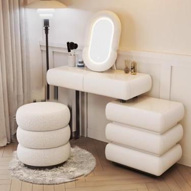 Imagem de Mesa com espelho e luzes - Conjunto de maquiagem com 3 modos de luz ajustáveis e armário de armazenamento para quarto, ideal para aplicações de maquiagem e beleza