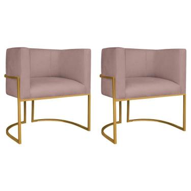 Imagem de Kit 02 Poltronas Decorativas Luna Base De Ferro Dourado Linho Rosê