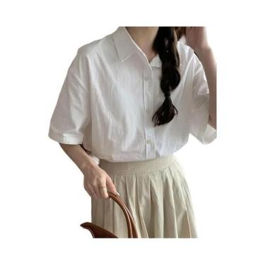 Imagem de Camisa Feminina Casual De Verão, Manga Curta, Gola Virada Para Baixo, 