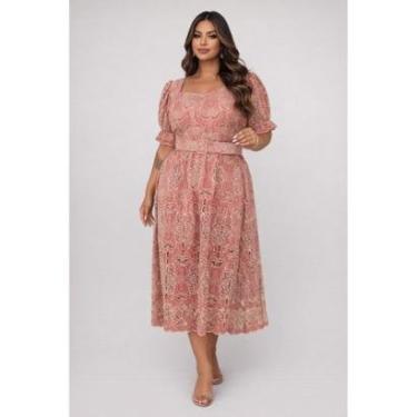 Imagem de Vestido Midi Plus Size D Bell Outlet Fashion Manga Princesa Com Cinto Rosê-Feminino