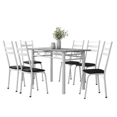 Imagem de Conjunto De Mesa Sala De Jantar Leia Com 6 Cadeiras Tubular Granito 1,40m Artefamol Branco / Preto