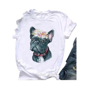 Imagem de Camiseta Feminina Branca Com Estampa De Cachorrinho De Buldogue Francê