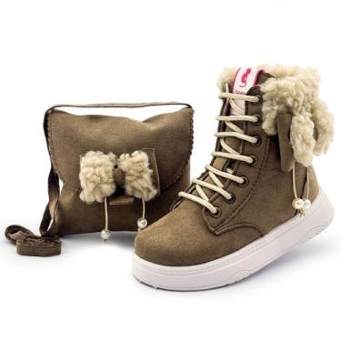 Imagem de Kit Bota Com Bolsa Esportiva Inverno Marrom Cano Alto Laço Confortável