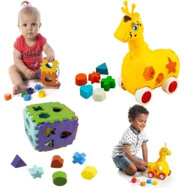 Imagem de Kit 2 Brinquedos Educativo Girafa Lola Cubo De Montar Formas - Kendy B