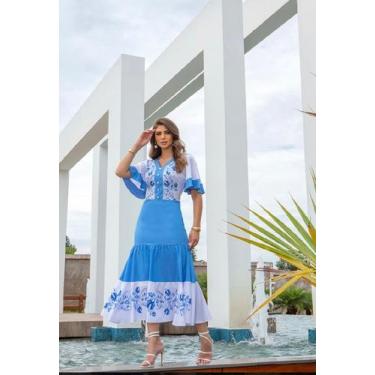 Imagem de Vestido longo azul com detalhe em estampa - Dazul