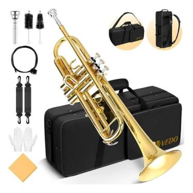 Imagem de Kit Trompete Vedo Si Bemol Bb Laqueado Estojo Case Luxo, Dourado
