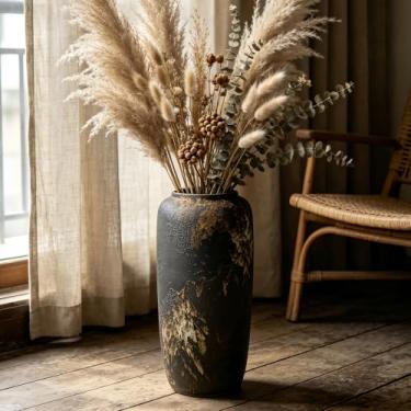 Imagem de Vaso alto de cerâmica rústico, 40 cm, preto, grande, decoração de casa de fazenda, vaso de chão para sala de estar, mesa de entrada, decoração de mesa, vasos de terracota vintage, presente de