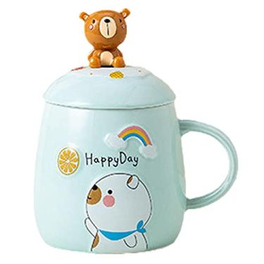 Imagem de seelucky Caneca infantil com colher urso verde copo de leite de cerâmica menina xícara de café caneca de desenho animado xícara de chá arco-íris presente de aniversário (feliz dia urso verde)