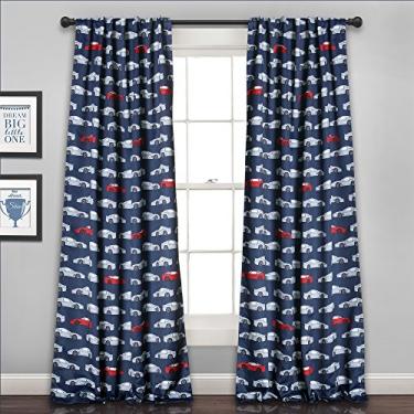 Imagem de Lush Decor Conjunto de painéis de cortina de janela para escurecimento de sala de carros de corrida, 132 cm L x 213 cm C, azul-marinho e vermelho