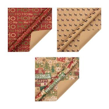 Imagem de Papel de embrulho Folhas de papel de embrulho para Natal de Natal 70 x 50 cm Papel kraft para presente Papel de presente para árvore de Natal Papel de embalagem Feliz Natal, 3 peças