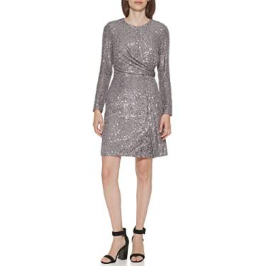 Imagem de Calvin Klein Vestido de coquetel feminino de manga comprida com lantejoulas, Granito, 40