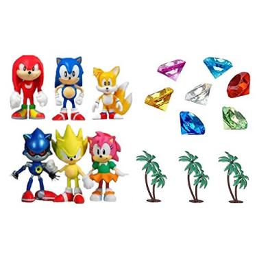 Imagem de Conjunto clássico de bonecos Sonic e Friends com 15 peças com figuras sônicas, palmeiras temáticas e gemas temáticas sônicas