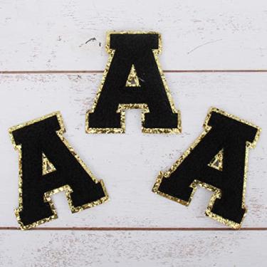 Imagem de Pacote com 3 adesivos universitários de chenille ferro sobre glitter com 5 cm de altura - Tecido de chenille preto com acabamento em glitter dourado - Costurar ou passar a ferro - 5 cm preto A