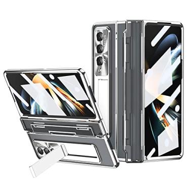Imagem de Para Galaxy Z Fold 4 HD Clear Plating Stand para Samsung Galaxy Z Fold 4 3 Leveling Hinge Case com película de vidro frontal, prata, para Galaxy Z Fold 4