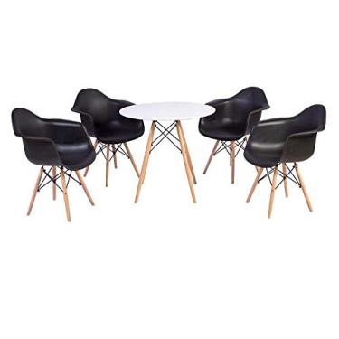 Imagem de Kit Mesa Eiffel Branca 80cm + 4 Cadeiras Charles Eames Wood - Daw - Com Braços - Design Preta