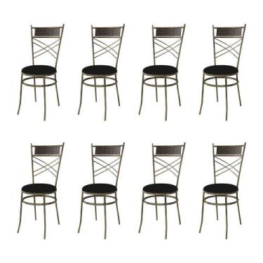 Imagem de Kit 8 Cadeiras De Jantar Estofada Preta Em Aço Ouro Envelhecido Madrid