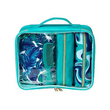 Imagem de Conair Conjunto de para mulheres, conjunto de bolsa de maquiagem de 5 peças, conjunto de necessaire e cosméticos, inclui 4 bolsas de maquiagem e 1 pente de viagem em estampa de palma azul-petróleo