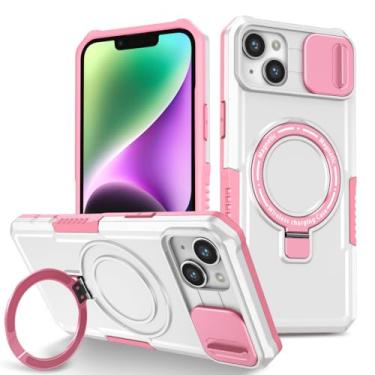 Imagem de Capa de telefone com suporte magnético para iPhone 14 Plus 13 12 11 Pro Max Hard Shell plástico à prova de choque capa de prevenção de quedas, rosa branco, para iPhone 14 Plus