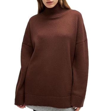 Imagem de Suéter Feminino Gola Alta Manga Comprida Pulôver Top Solto Encaixe Cor Pura Suéter Confortável para Outono Inverno (M)