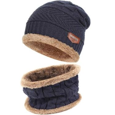 Imagem de FZ FANTASTIC ZONE Conjunto de gorro de inverno masculino e feminino, cachecol de malha quente, forro de lã grossa, gorro de caveira, aquecedor de pescoço para homens e mulheres, Azul-marinho,