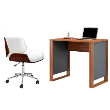 Imagem de Conjunto de Mesa Morada Amendola e Grafito com Cadeira de Escritório Diretor Giratória Lauren Branca