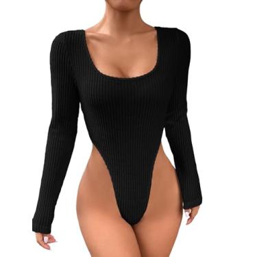 Imagem de MakeMeChic Body feminino de malha canelada frente única manga longa gola redonda camisas básicas de corte alto, Preto, G