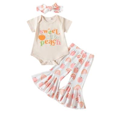 Imagem de CsgrFagr Roupas de Páscoa para meninas, laranja, camiseta + calça flare + faixa de cabeça, conjunto de calças de sino para bebês, Branco, Tamanho Único