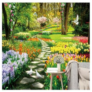 Imagem de TUYIFA Papel de parede 3D papel de parede paisagem parque pedra pequenas tulipas sala de estar quarto TV sofá fundo mural de parede (118" x 83" (300x210cm), pano de seda)