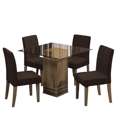 Imagem de Conjunto De Mesa Sala de Jantar Com Tampo De Vidro 0,80m Onix 4 Cadeiras Trieste Cedro/Chocolate Dobuê