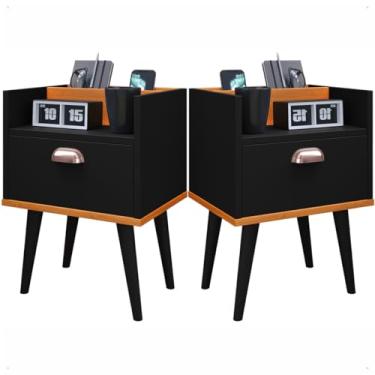 Imagem de Kit com 2 Mesas de Cabeceira Com Pés Retrô 1 Gaveta com Porta Celular e Puxador Concha Milena - Preto/Cinamomo…