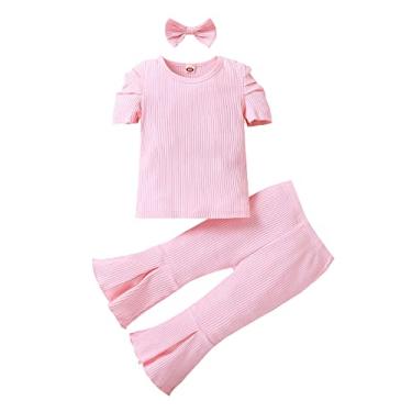 Imagem de Conjunto de 2 peças para bebês meninas, camiseta de manga curta e calça flare com faixa de cabeça, conjunto de roupas de verão, Vermelho, 3-4 Anos