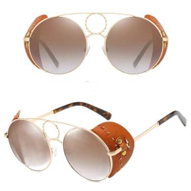 Imagem de Armação de couro de luxo óculos de sol redondos feminino steampunk liga rebite óculos de sol oversize espelho máscaras, 5, um tamanho