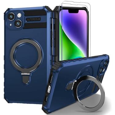 Imagem de Fudley Capa magnética para iPhone 15Plus [compatível com MagSafe] com 2 protetores de tela de vidro temperado com suporte de anel, capa resistente de grau militar para iPhone 14 Plus de 6,7 polegadas azul