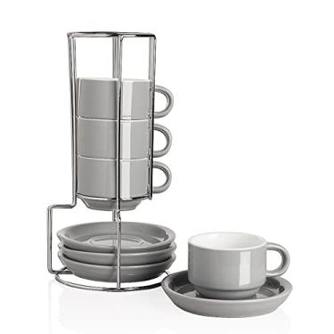 Imagem de Sweejar Copos de café expresso de porcelana com pires, copos de cappuccino empilháveis de 118 ml com suporte de metal para bebidas de café, café com leite, chá - conjunto de 4 (cinza)