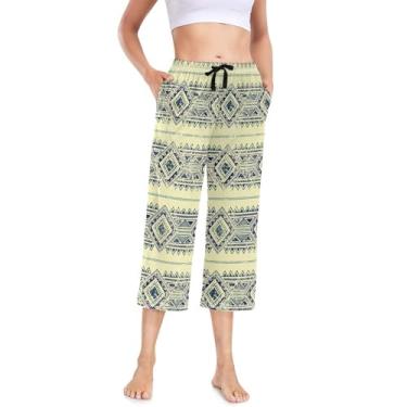 Imagem de Calça de pijama feminina casual cropped calça de moletom feminina leve lounge capri feminina sem costura vintage étnica, Sem costura vintage étnica grunge tribal, X-Large