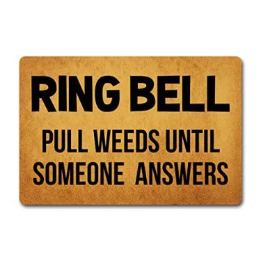 Imagem de Tapete de boas-vindas engraçado para tapetes de entrada interna para porta da frente anel sino puxar ervas daninhas até alguém responder monograma personalizado tapetes de cozinha com borracha antiderrapante novidade tapete de presente (23,7 x 40,4 cm)