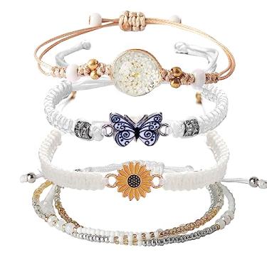 Imagem de DS 4 peças, pulseiras de contas de cordão para meninas adolescentes, delicado desenho animado borboleta margarida flor eterna conjunto de pulseiras para mulheres e meninas pulseira elástica ajustável presente de aniversário para Frien ds, Vidro Algodão, Sem pedras preciosas