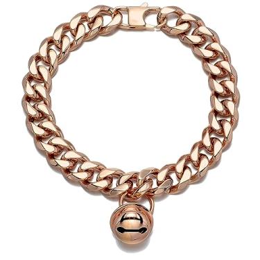 Imagem de Coleira de cachorro de ouro rosa gatinho filhote de gato larga de aço inoxidável gargantilha ajustável à prova de mastigação elos cubanos, corrente de 1,27 cm com sino de ouro rosa, etiqueta