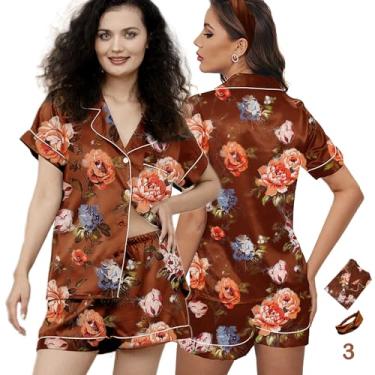 Imagem de 3 peças de pijama de seda PP-4GG feminino pijama de cetim curto floral pijama noiva macio pijama conjunto de shorts, Bordo-a11, GG