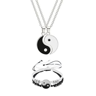 Imagem de Yifnny 4 peças combinando Yin Yang Amigo Casal Pulseiras com Conjunto de Colar, Yin Yang Taichi Casal Pingente Corrente Ajustável Feito à Mão Pulseiras Relacionamento para Amizade BFF, Metal, não sabe